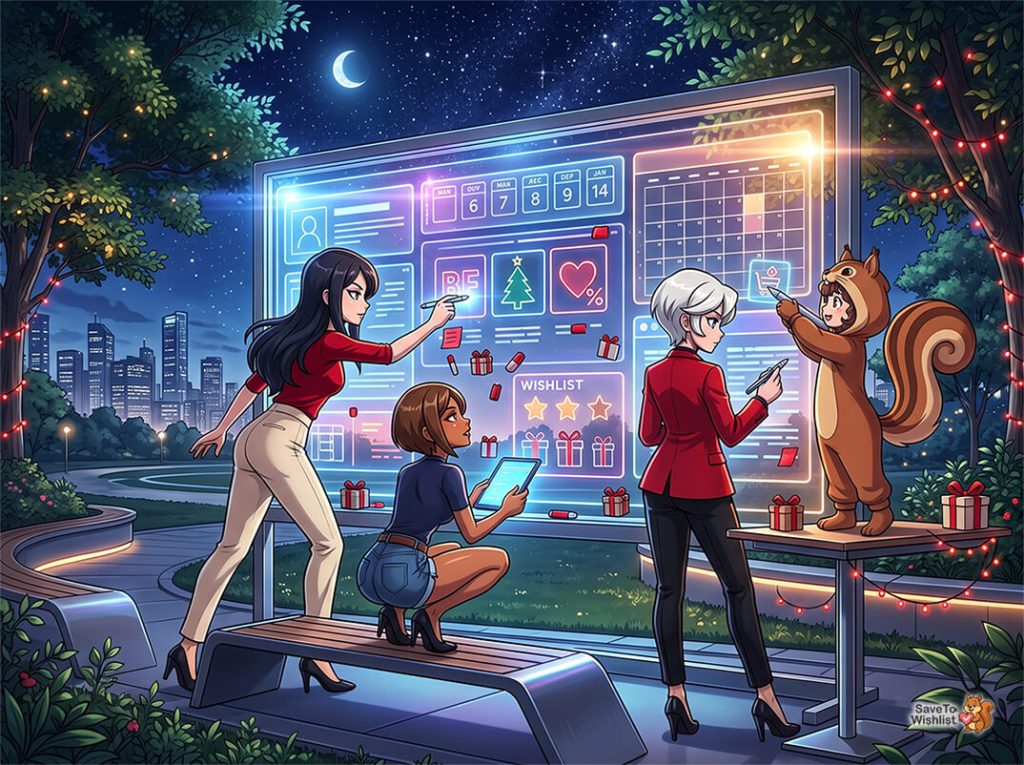 ecommerce-holiday-sales-calendar-woocommerce-filler-02 - SaveTo Wishlist Cuatro personas y una persona disfrazada de oso interactúan con un gran tablero digital brillante de lista de deseos en un parque por la noche, seleccionando regalos y tocando iconos en tabletas y tarjetas.