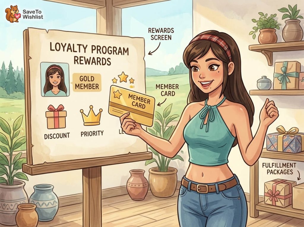Woman in a teal top holds a loyalty member card beside a large rewards board labeled'Loyalty Program Rewards' with icons for Gold Member, Discount, and Priority.