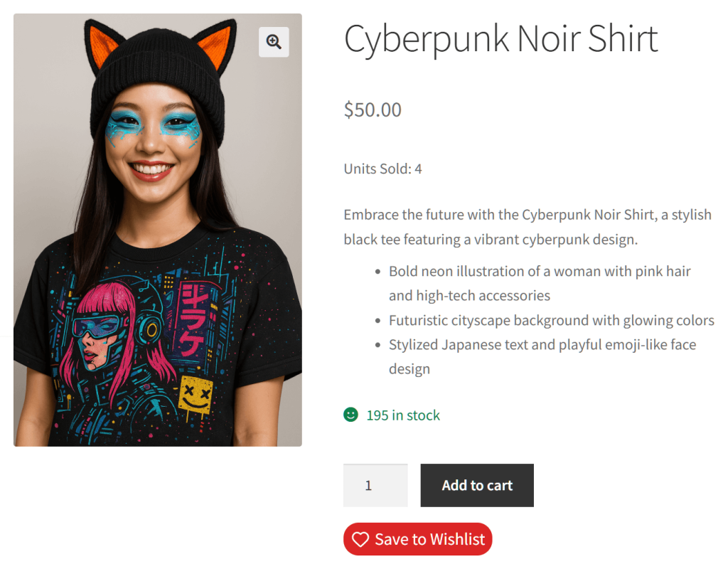 Smiling woman in a black beanie with orange cat ears and blue face paint models a black Cyberpunk Noir shirt with neon pink design.
