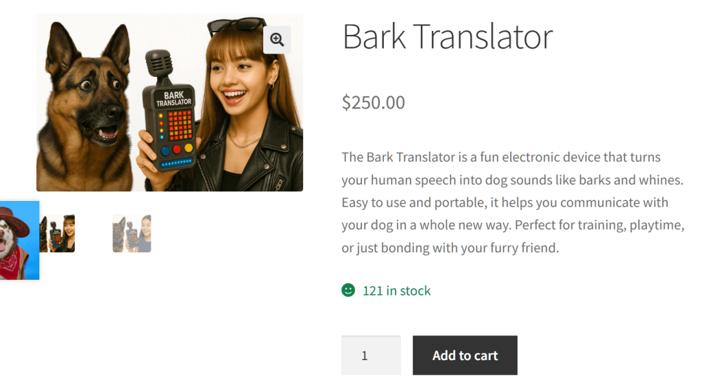 Young woman smiling while holding a handheld 'Bark Translator' device next to a surprised German Shepherd, playful indoor studio portrait.