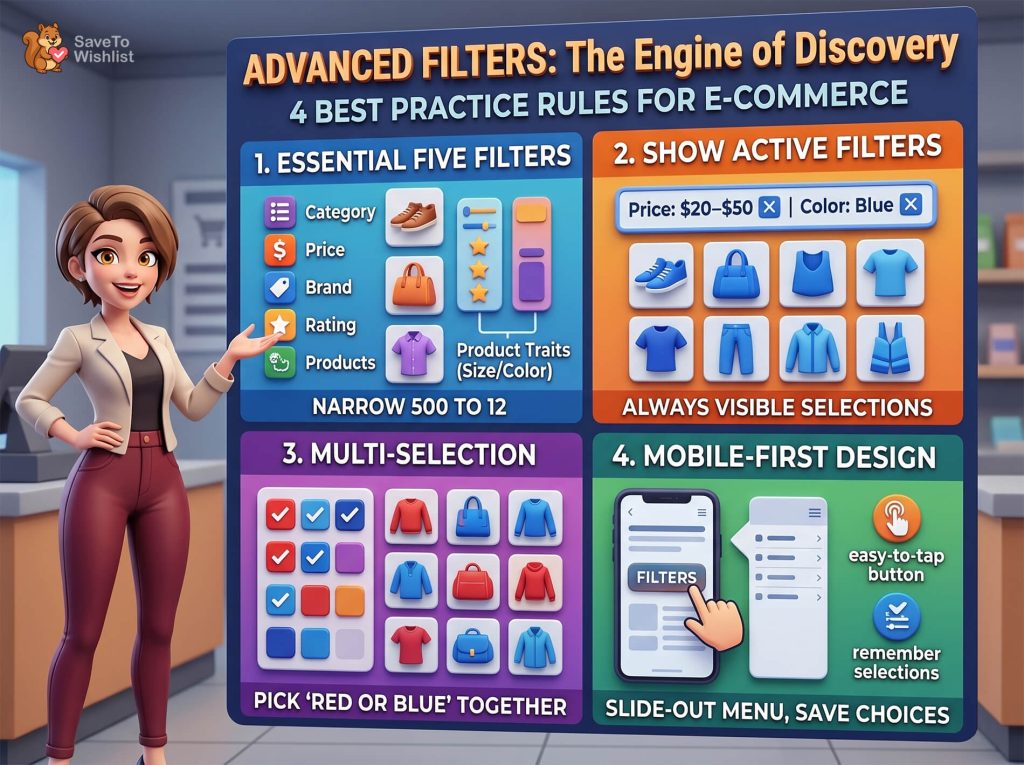 Presenter woman standing beside an infographic about advanced e-commerce filters and best practices for discovery, featuring colorful panels and icons.