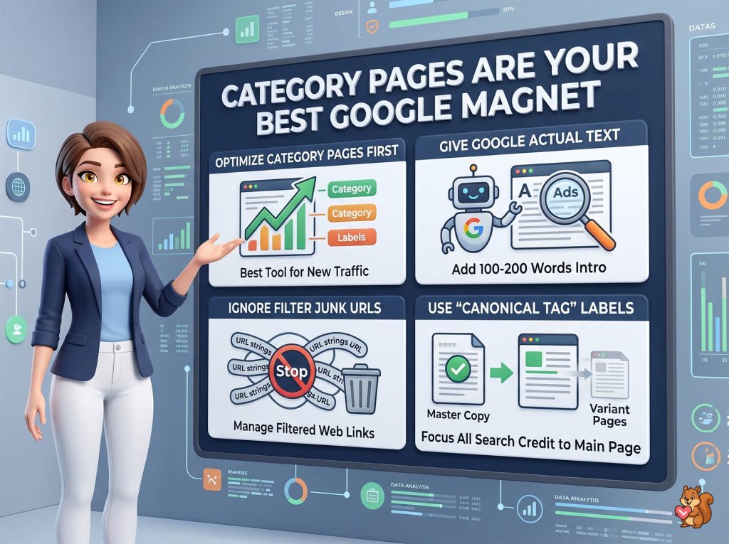 Cartoon woman in a blazer points to a large screen showing tips for optimizing category pages for Google search.