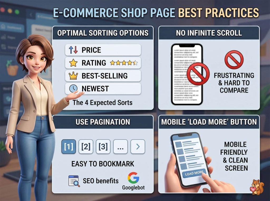 Cartoon woman points to an infographic titled'E-commerce Shop Page Best Practices' showing four sorting options (Price, Rating, Best-Selling, Newest) and a 'No Infinite Scroll' panel.