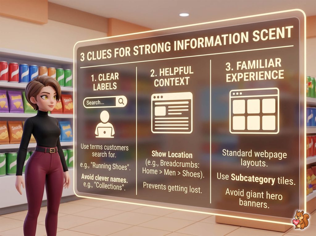 Cartoon woman in a black turtleneck and burgundy pants standing beside a large illuminated infographic board in a store.