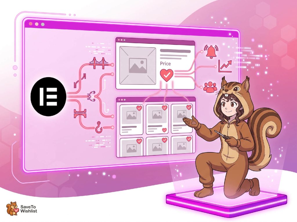elementor-wishlist-button-woocommerce-filler - SaveTo Wishlist Character in a hoodie squirrel stands beside a large pink device displaying a wishlist app interface with heart icons and'Save To Wishlist' logo in the corner.