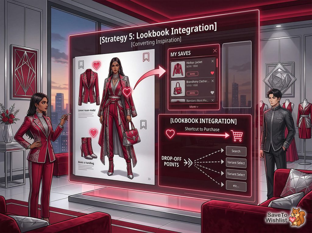 Designer in a sleek red suit interacts with a holographic lookbook, saving a red ensemble while an assistant observes in a luxury studio.