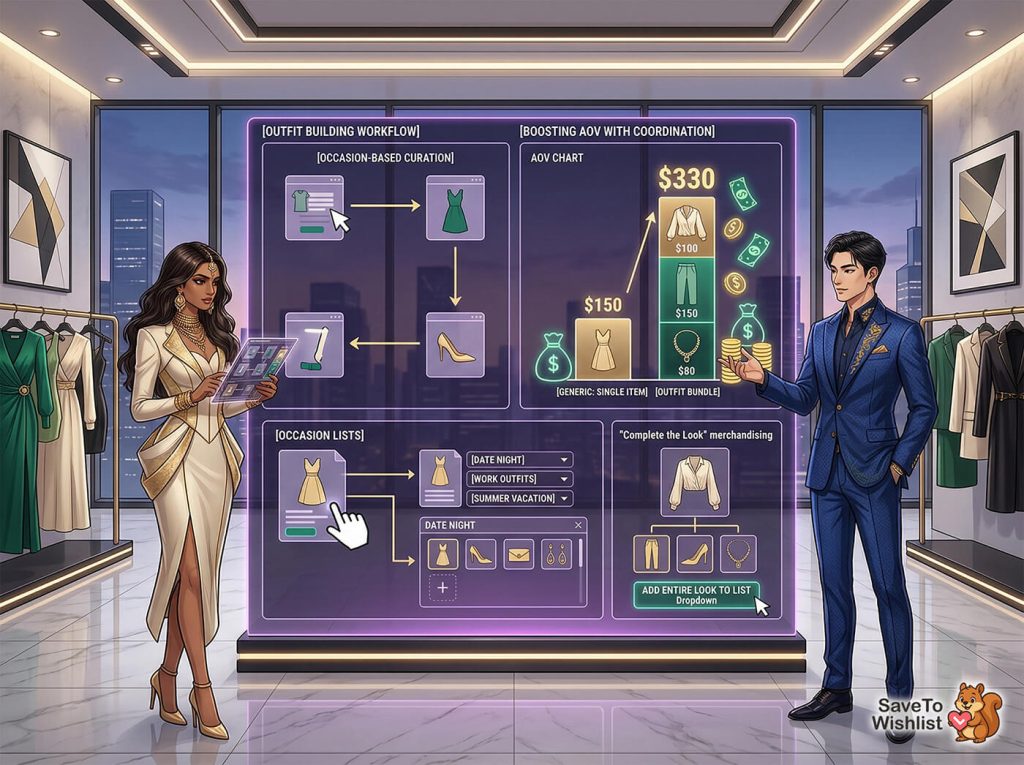 A stylish woman and man in a luxury boutique interact with a large neon touchscreen displaying outfit-building workflow, pricing, and coordinated bundles.
