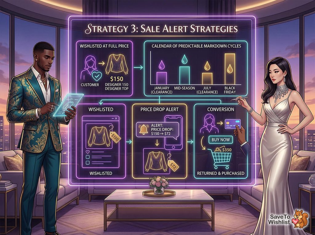 Two fashionable executives examine a neon holographic sales-strategy board in a luxurious penthouse, planning wishlist alerts, price drops, and conversions.
