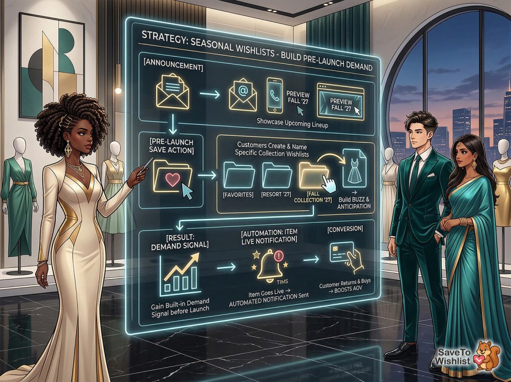 A stylish executive presents a glowing holographic wishlist strategy in a luxury boutique while a well-dressed couple observes, city skyline visible.