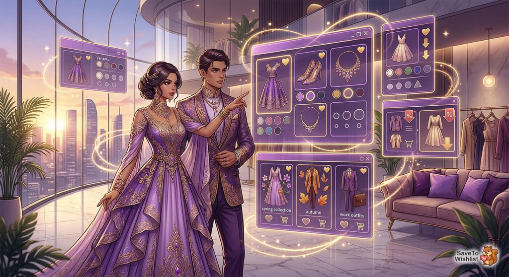 A fashionable couple in matching purple formalwear browses glowing holographic wardrobe interfaces in a luxurious high-rise boutique at sunset.
