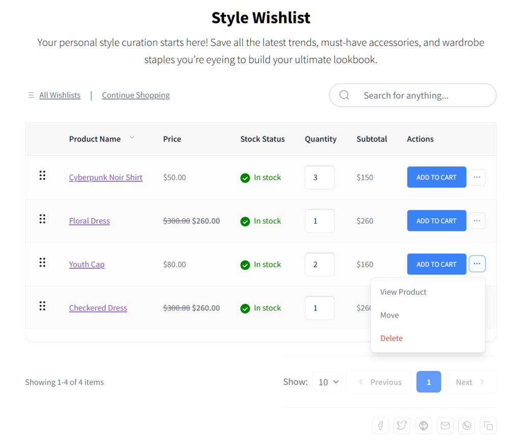 fashion-style-wishlist-new - SaveTo Wishlist E-commerce wishlist page titled 'Fashion' showing four clothing items with prices, stock status, quantities, and 'Add to Cart' buttons.