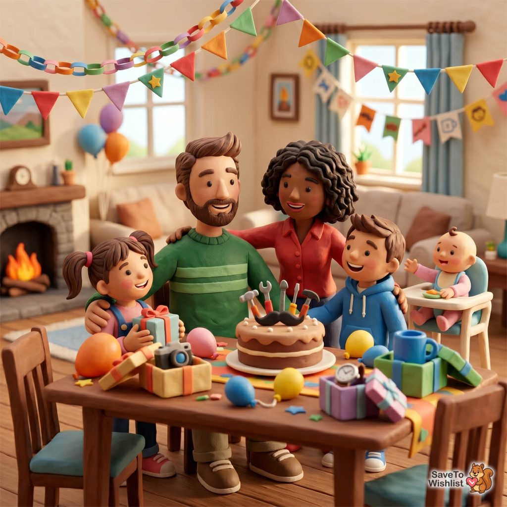 3D family celebrating with gifts and cake, illustrating Father's Day marketing ideas for WooCommerce campaigns.
