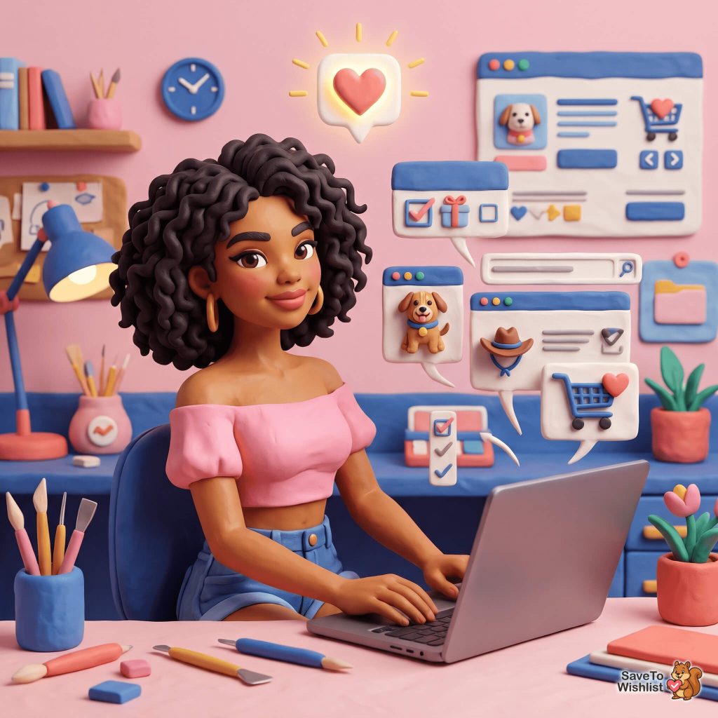 flexible-product-fields-woocommerce-wishlist-filler-1 - SaveTo Wishlist Femme jouet aux cheveux bouclés tapant sur un ordinateur portable à un bureau rose, entourée de matériel d'art et d'une notification de cœur flottante.