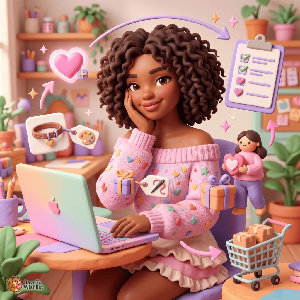 flexible-product-fields-woocommerce-wishlist-filler-2 - SaveTo Wishlist Femme utilisant un ordinateur portable entourée d'icônes de liste de souhaits WooCommerce, de boîtes cadeaux et d'étiquettes de champs de produits flexibles.