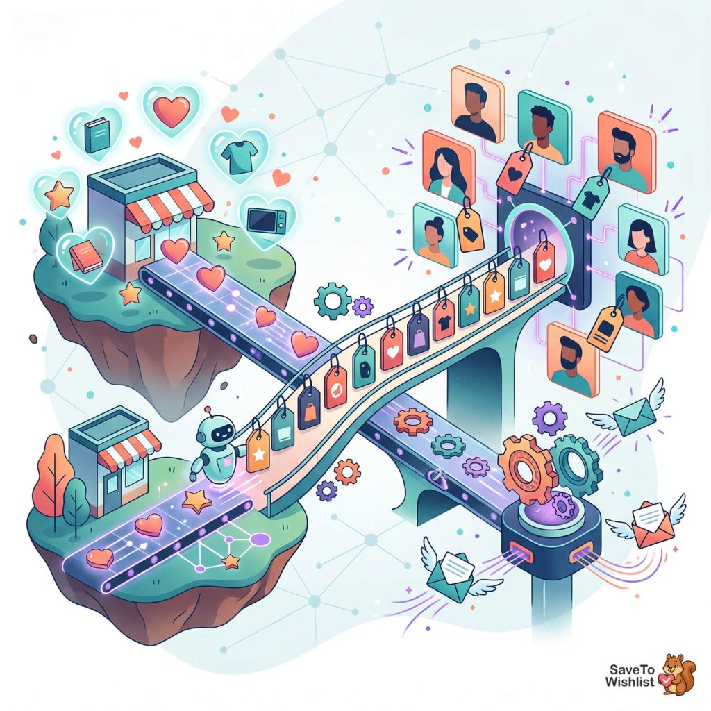 Colorful illustration of a storefront on a floating island connected by a conveyor belt to a digital network of user avatars and tags, symbolizing online wishlists and social sharing ( SaveToWishlist branding in bottom right ).
