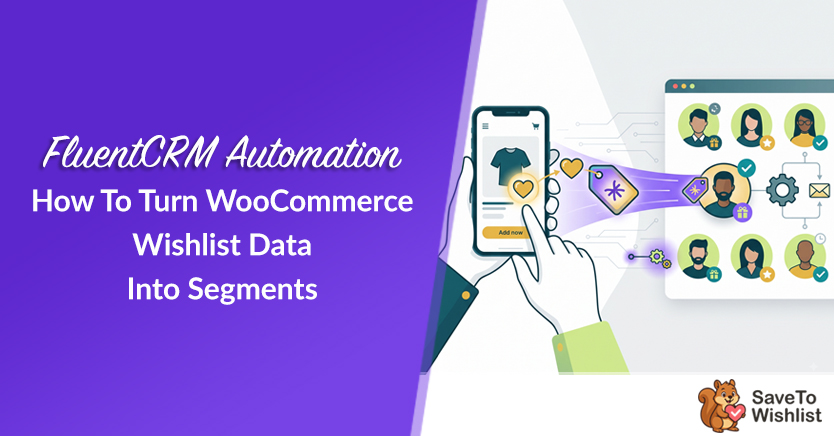 Gradient purple hero: 'FluentCRM Automation—How To Turn WooCommerce Wishlist Data Into Segments' with a phone and dashboard illustration and SaveToWishlist logo.