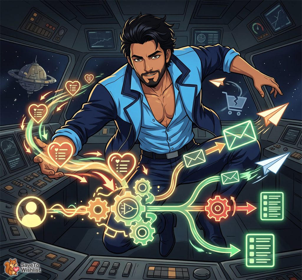 funnelkit-automations-woocommerce-wishlis-filler - SaveTo Wishlist Comic-style man in a spaceship cockpit surrounded by glowing icons for emails, messages, hearts (likes), gears, and data streams, symbolizing automation and digital communication.