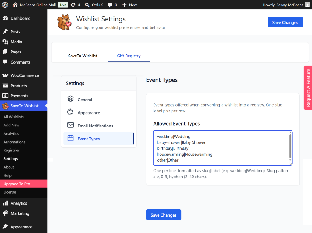 gift-registry-event-types - SaveTo Wishlist SaveTo Wishlist plugin settings dashboard in WooCommerce showing the configuration of allowed gift registry event types.