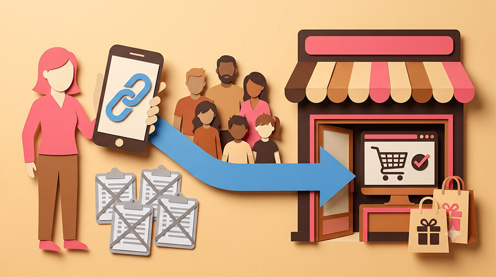 Paper-cut style illustration of stacked gift boxes, a shopping bag with a plus icon, and a wishlist with dotted arrows indicating gifting or shopping flow.