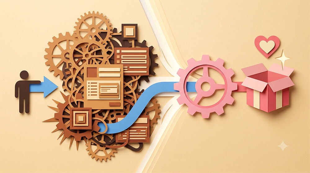Stylized analytics dashboard beside a magnifying glass over a package icon, illustrating product tracking and rising sales trend in warm beige and coral tones.
