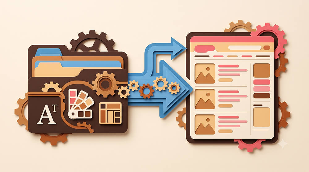 Stylized beige and brown icons showing link sharing: arrow, chain, message bubble, and three locked user avatars connected by dotted lines.