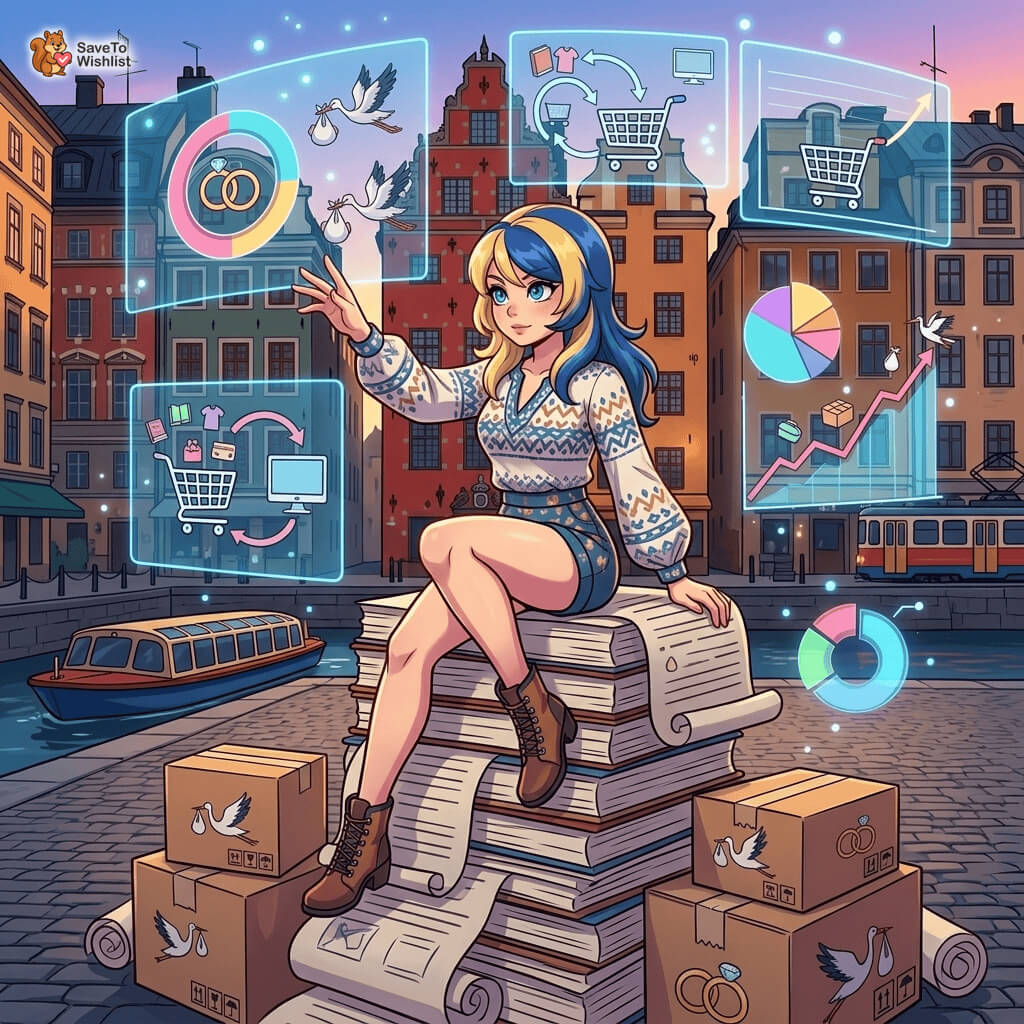 Gift registry statistics filler - SaveTo Wishlist Illustration of a woman perched on a tall stack of printed reports in a town square, touching floating holographic charts, beside shipping boxes stamped with wedding ring and stork icons.