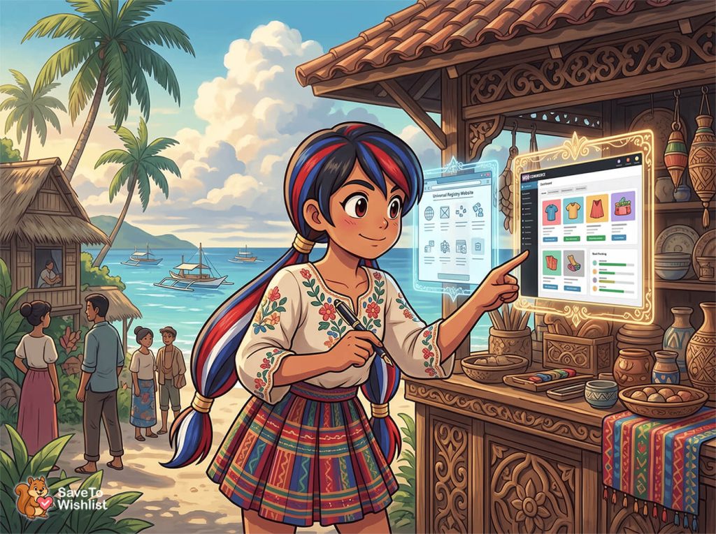 Girl in traditional clothing touches a glowing holographic computer screen at a ornate seaside market stall.