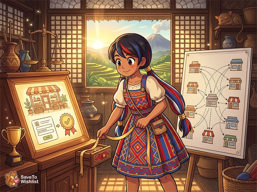 Girl in a colorful traditional dress operates a vintage-looking machine in a cozy workshop, with a sunlit landscape outside and a whiteboard showing a shop diagram beside her.