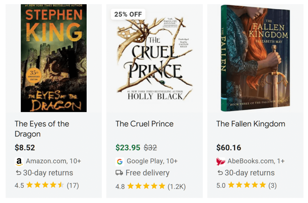 google-shopping-fantasy-books-01 - SaveTo Wishlist Portada de "The Eyes of the Dragon" de Stephen King, con una escena de castillo oscuro en la portada.