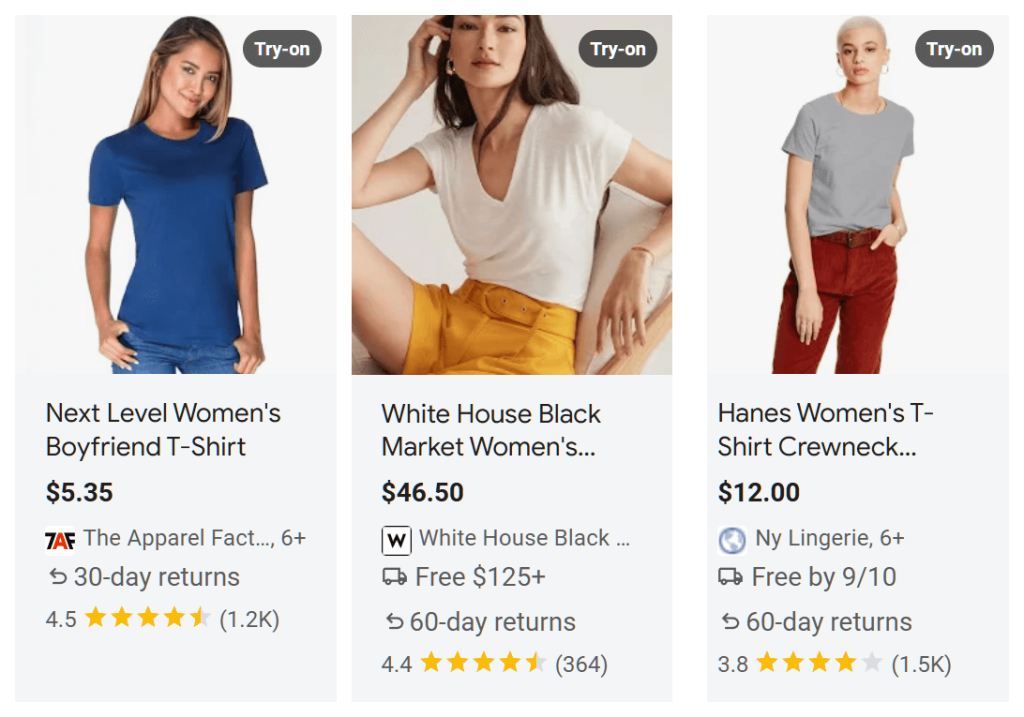Three online product cards displaying women's T-shirts — blue, white, and gray — with prices, seller badges, star ratings, and return info.