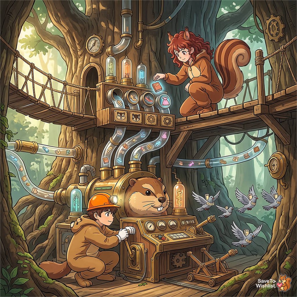 groundhogg-woocommerce-wishlist-flows-filler-1 - SaveTo Wishlist Twee antropomorfe dieren bedienen een steampunk-laboratorium in een gigantische boom, waarbij ze aan hendels van een complexe machine draaien.