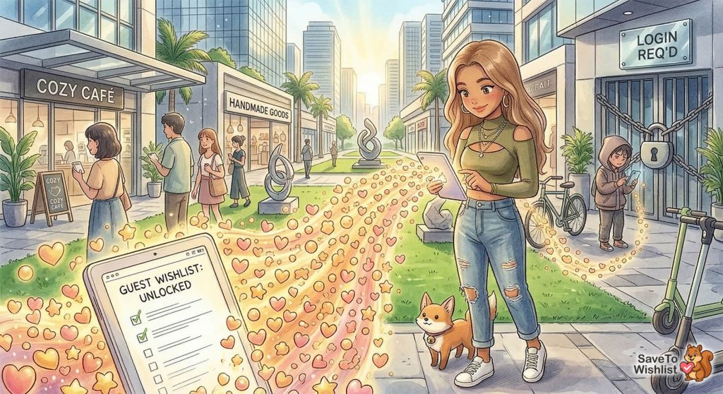 guest-wishlist-real-value - SaveTo Wishlist Young woman taps a tablet as glowing hearts and stars stream through a sunlit shopping avenue, her corgi happily beside her.