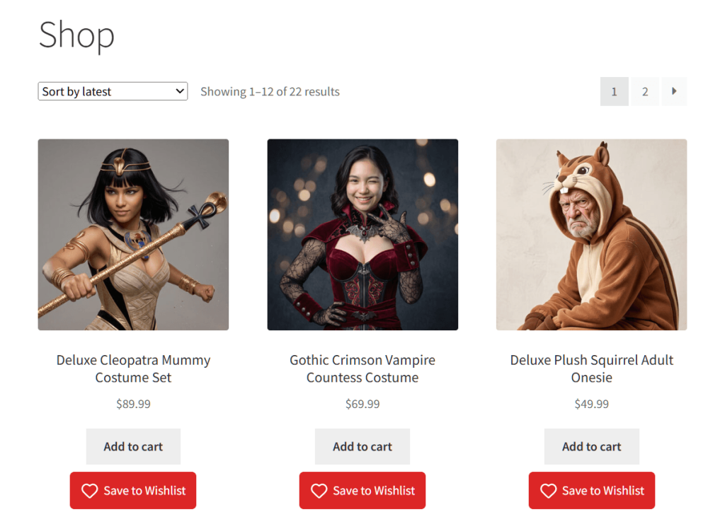 halloween-costumes-shop-page - SaveTo Wishlist Page de boutique WooCommerce avec trois cartes de costumes d'Halloween, chacune montrant un prix, Ajouter au panier et Enregistrer dans la liste de souhaits.