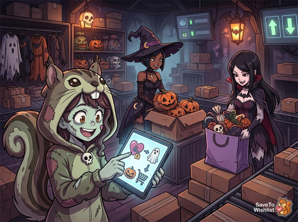 halloween-marketing-ideas-filler-1 - SaveTo Wishlist Personnages de dessins animés déguisés emballant des commandes d'entrepôt pour illustrer des idées de marketing pour Halloween.