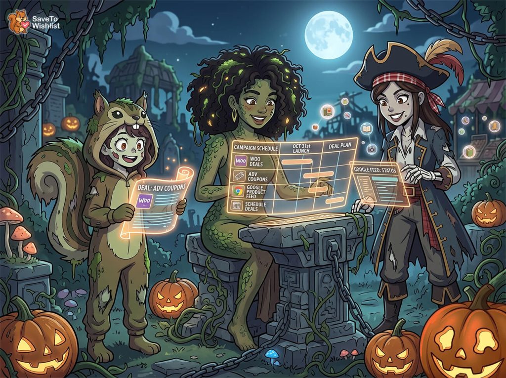 halloween-marketing-ideas-filler-2a - SaveTo Wishlist Trois personnages déguisés dans une cour effrayante éclairée par la lune étudient un tableau de bord marketing holographique lumineux sur une table en pierre, des citrouilles brillant à proximité.