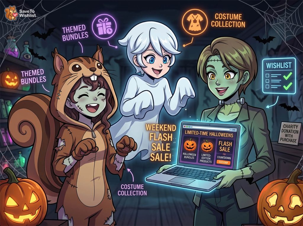 halloween-marketing-ideas-filler-3 - SaveTo Wishlist Trois amis déguisés (un fantôme, un costume d'écureuil et un zombie vert) se rassemblent autour d'un ordinateur portable lumineux montrant des lots d'Halloween et une liste de souhaits dans un décor de boutique effrayante.