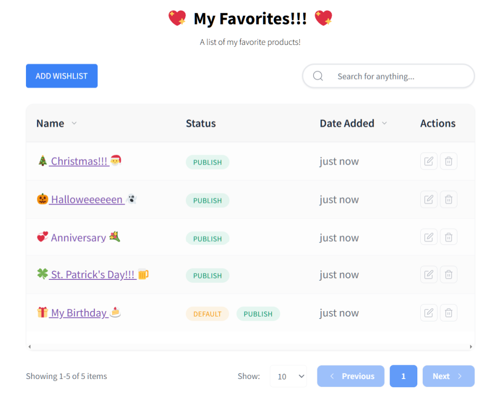 swiateczna-lista-zyczen - SaveTo Wishlist Interfejs pulpitu nawigacyjnego listy życzeń e-commerce wyświetlający ulubione listy produktów na święta, takie jak Boże Narodzenie i urodziny.