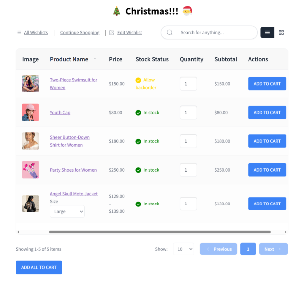 holiday-wishlist-christmas - SaveTo Wishlist E-commerce Christmas wishlist interface displaying saved apparel items with stock status, prices, and add to cart buttons.