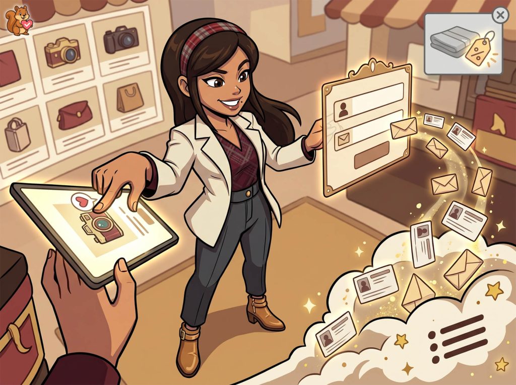 Smiling woman in a blazer shows a digital profile screen while envelopes and messages swirl around, set in a store backdrop.