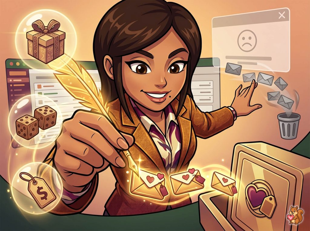 Cartoon woman in a blazer uses a glowing pen to send messages and icons float around.