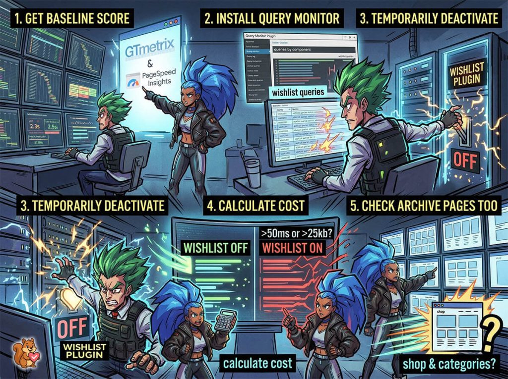 how-to-check-if-your-wishlist-is-slowing-you-down - SaveTo Wishlist Two developers in a neon control room diagnose a lagging wishlist plugin, flipping switches, monitoring metrics, and calculating performance cost.