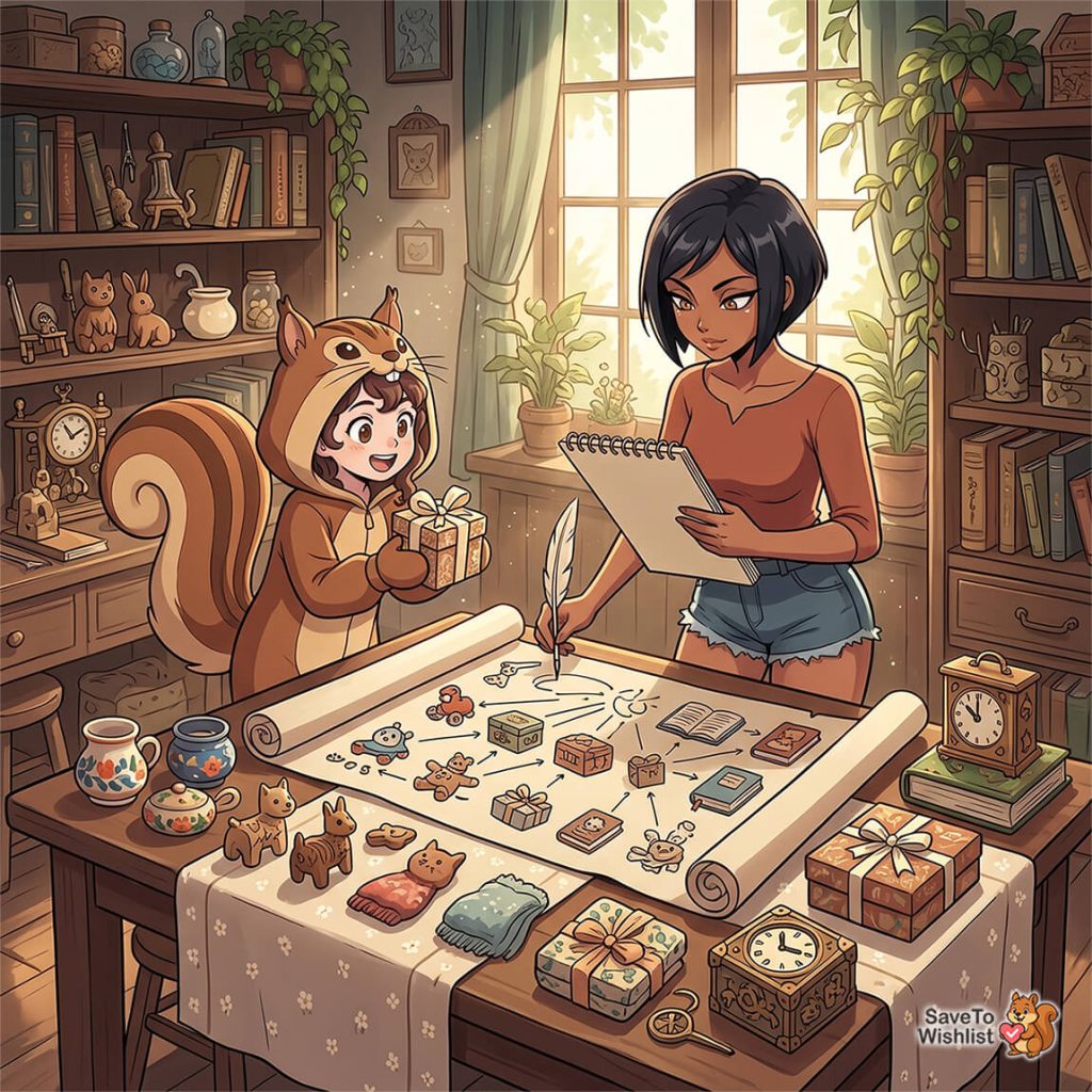 A woman and a child in a squirrel costume mapping out WooCommerce gift guide ideas on a large scroll with toys and presents.