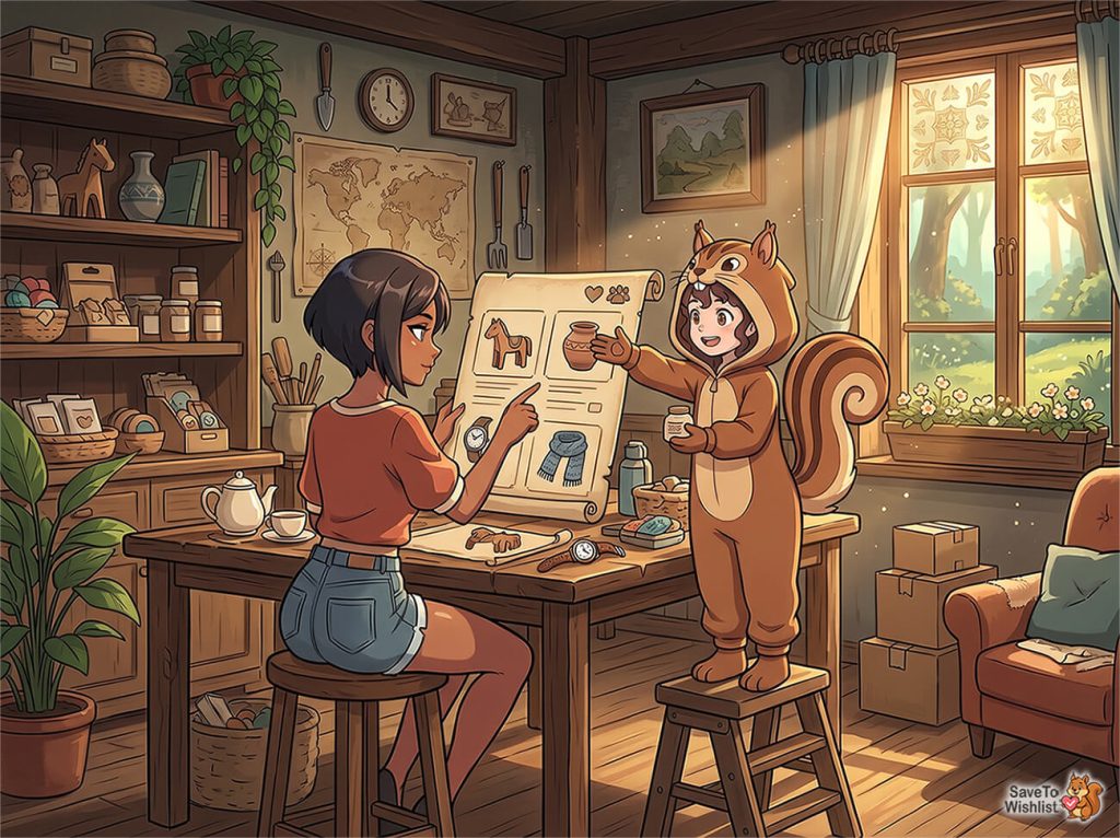 Girl in an orange top sits at a wooden table, pointing at a large drawing board as a kid in a squirrel costume stands on a stool and explains a sketch of a horse and a jar; cozy workshop with shelves, plants, and tools in warm light.