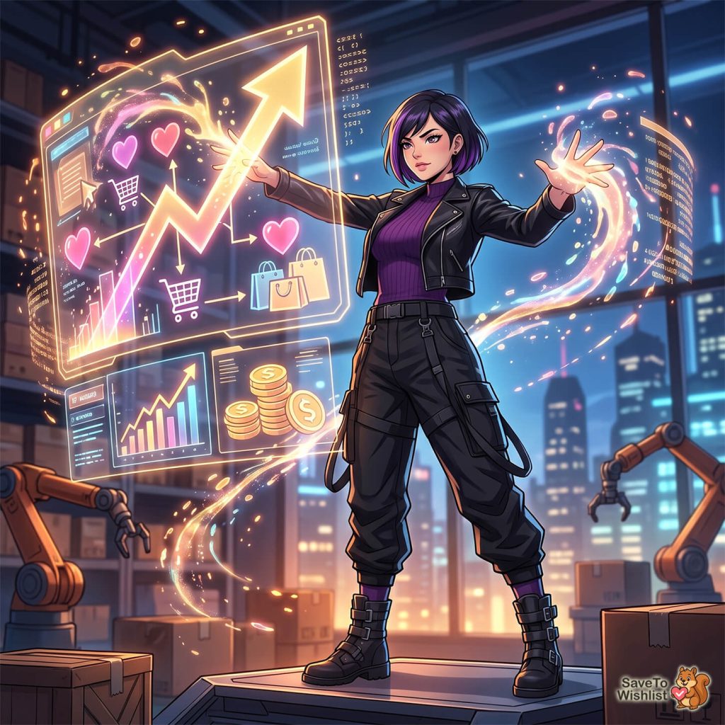 Powerful woman in a black jacket manipulating a glowing holographic dashboard showing a rising chart, hearts, shopping icons and coins in a tech-enabled warehouse environment.