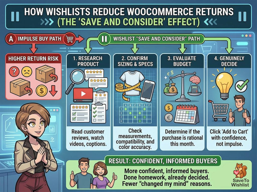 Infographic showing how wishlists reduce WooCommerce returns by guiding shoppers through research, sizing checks, budget evaluation, and confident decision-making.