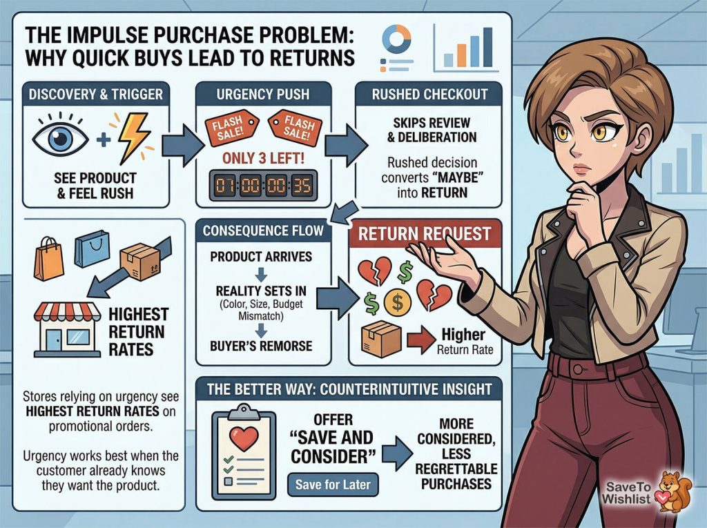 Infographic showing how flash-sale urgency and rushed checkouts cause buyer’s remorse and higher ecommerce returns, recommending a 'save and consider' alternative.