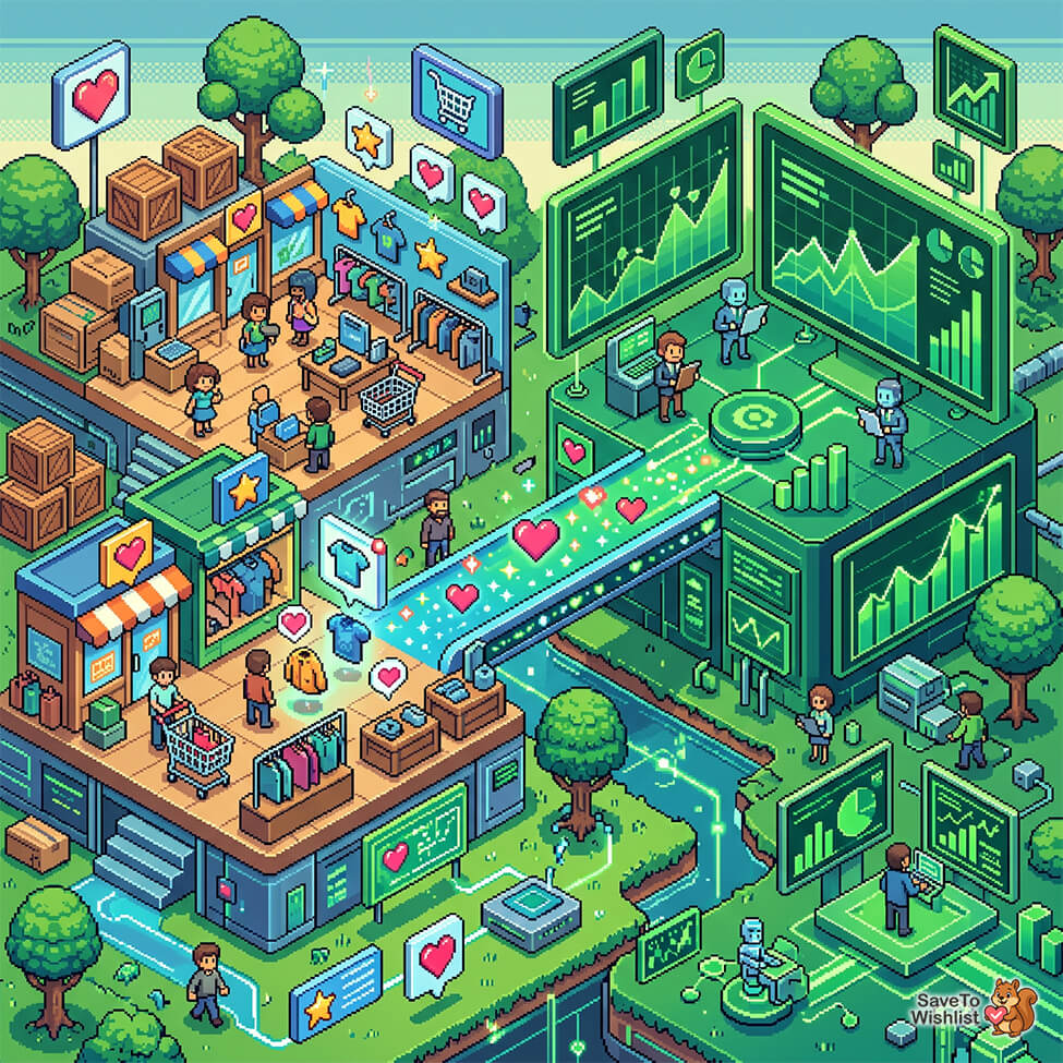 independent-analytics-woocommerce-wishlist-filler-1 - SaveTo Wishlist Isometric illustration of a retail district feeding a large data analytics center with charts and dashboards in a futuristic ecosystem.