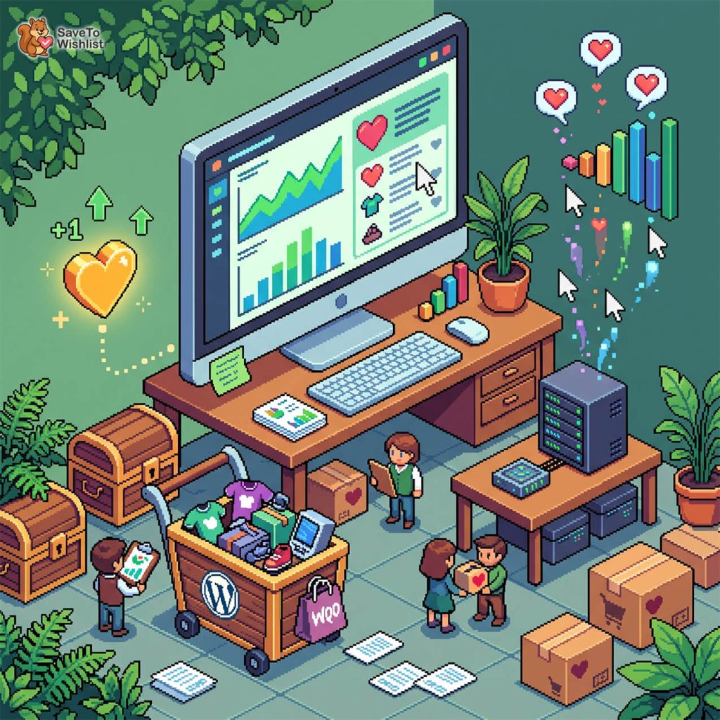 independent-analytics-woocommerce-wishlist-filler-2 - SaveTo Wishlist Isometric office scene with a large monitor showing charts and heart icons, people packing boxes and organizing items at desks with servers nearby.