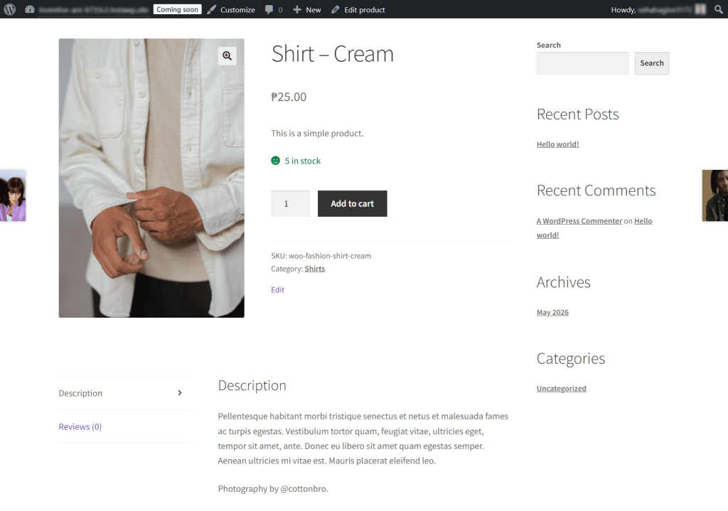 instawp-lightest-woocommerce-wishlist-plugin-product-page - SaveTo Wishlist E-commerce product page showing a model wearing a cream button-up shirt, price, stock status, quantity selector and'Add to cart' button.