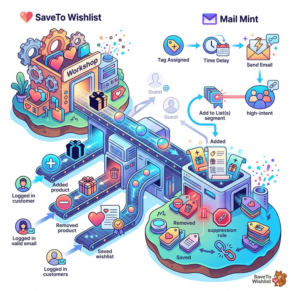 Infographic showing a wishlist automation workflow by SaveTo Wishlist and Mail Mint with a workshop and conveyor belts.